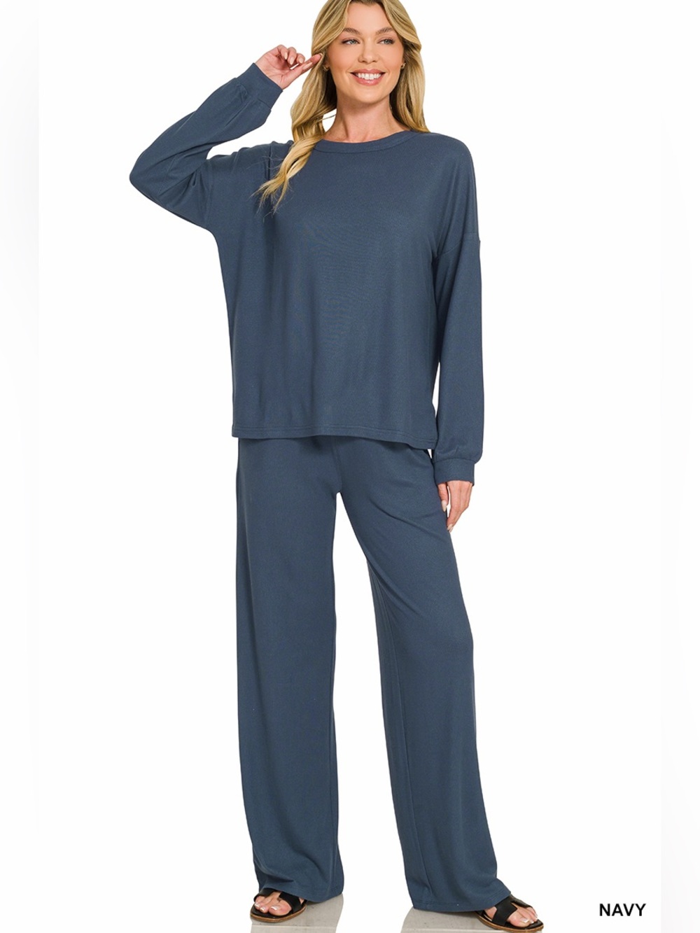 Zenana Soft Hacci Pullover Set- NAVY